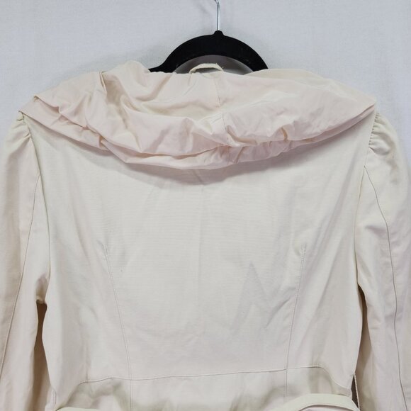 Blanc Noir Belted Coat Size Medium Puff Ruffle Trim Ivory Snap Button Midi - Picture 5 of 15